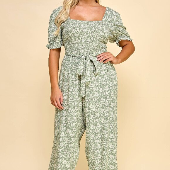 NWT AS U WISH Plus Size Jumpsuit Sage with Cream Flowers Belted Plus Size 1X - Picture 1 of 3